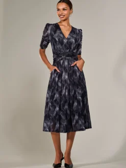 Jolie Moi Office Wear|Mesh Dresses-Ruched Sleeve Mesh Maxi Dress, Grey Abstract