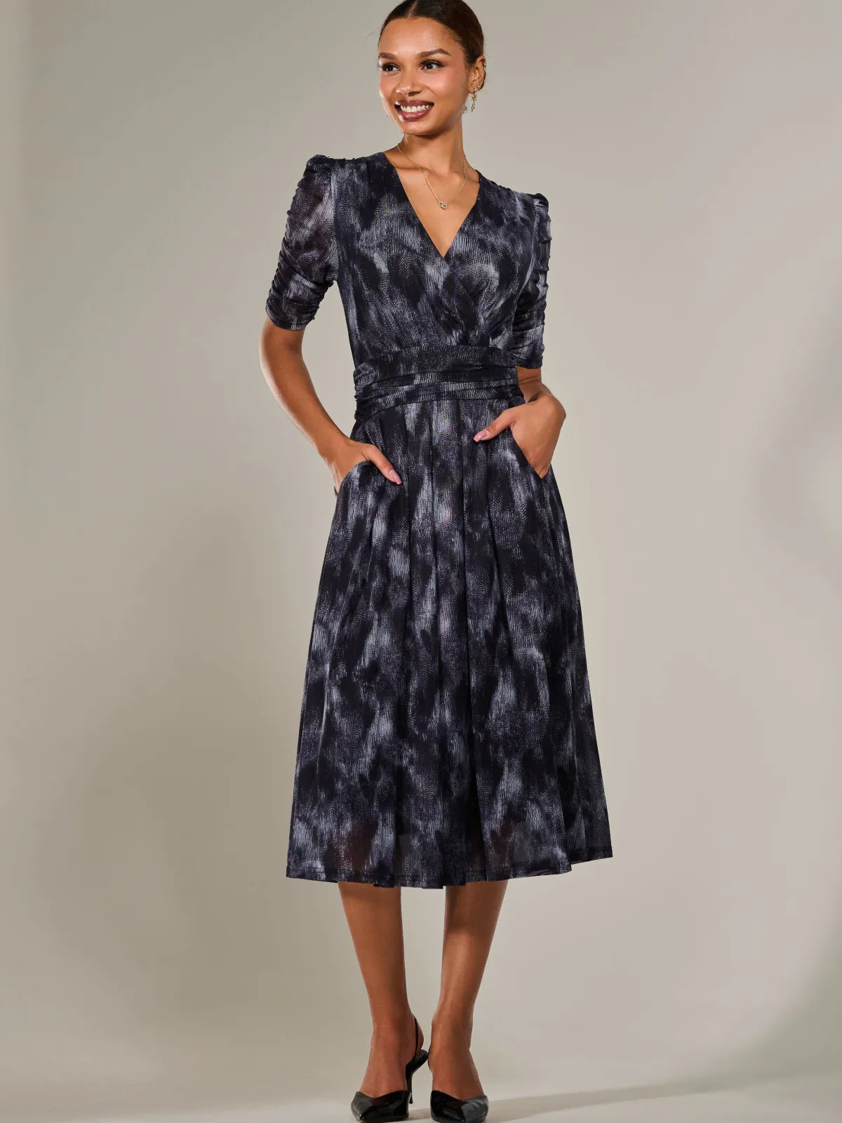 Jolie Moi Office Wear|Mesh Dresses-Ruched Sleeve Mesh Maxi Dress, Grey Abstract