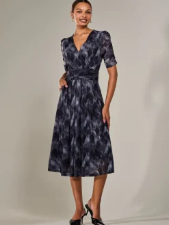 Jolie Moi Office Wear|Mesh Dresses-Ruched Sleeve Mesh Maxi Dress, Grey Abstract