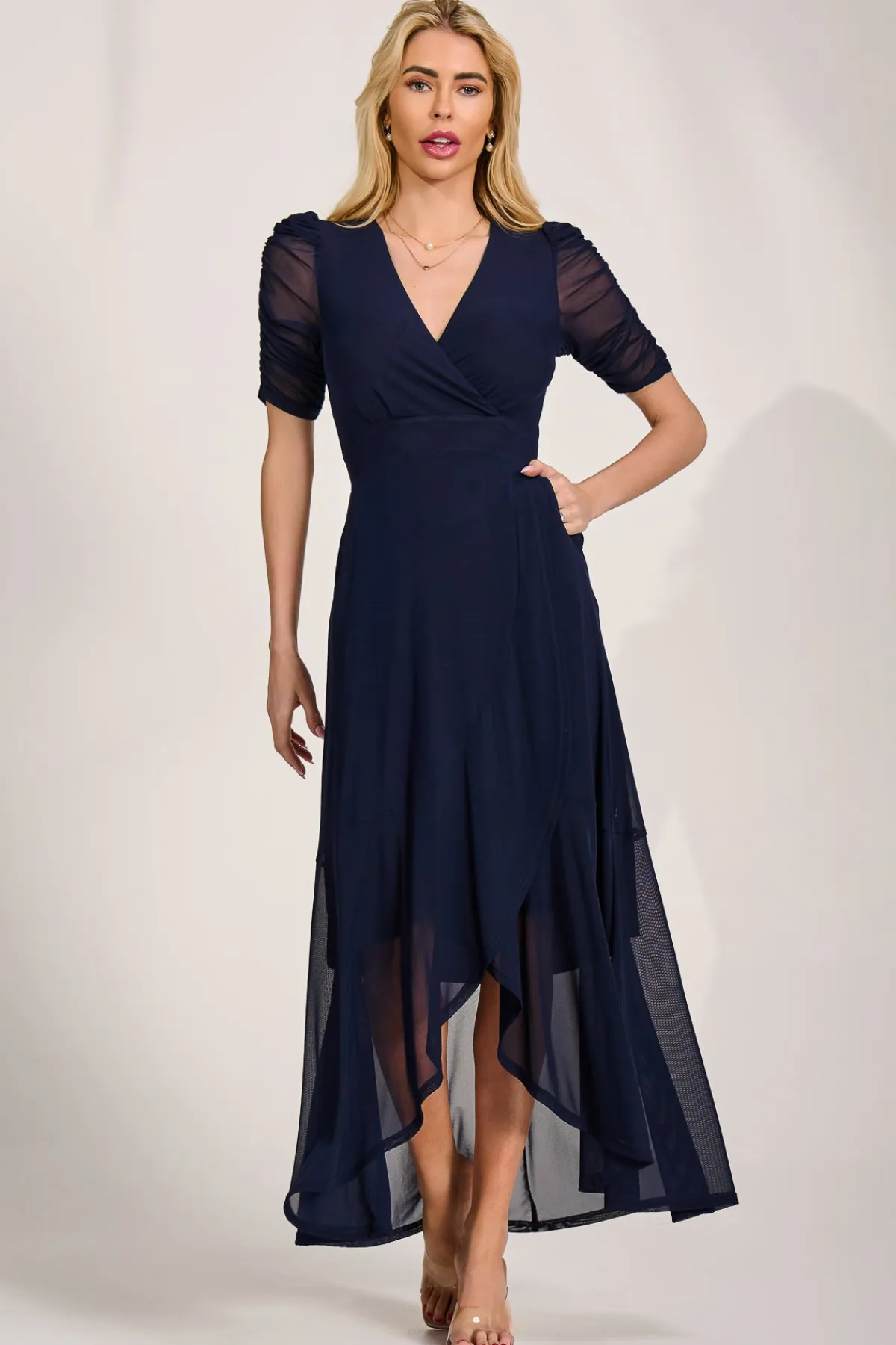Jolie Moi Occasion Dresses|Mesh Dresses-Ruched Sleeve Mesh Maxi Dress, Navy