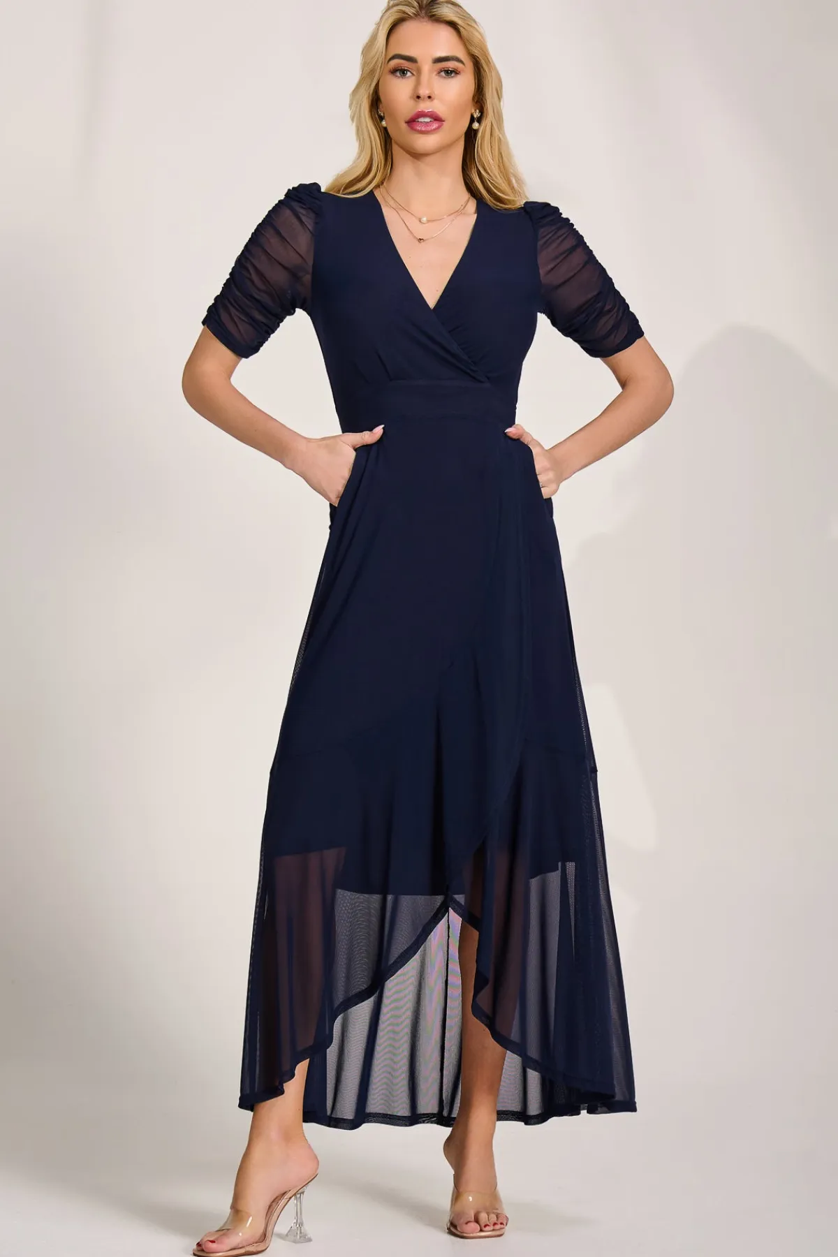 Jolie Moi Occasion Dresses|Mesh Dresses-Ruched Sleeve Mesh Maxi Dress, Navy