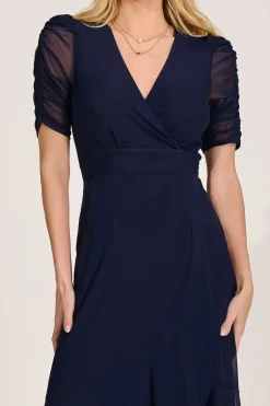 Jolie Moi Occasion Dresses|Mesh Dresses-Ruched Sleeve Mesh Maxi Dress, Navy