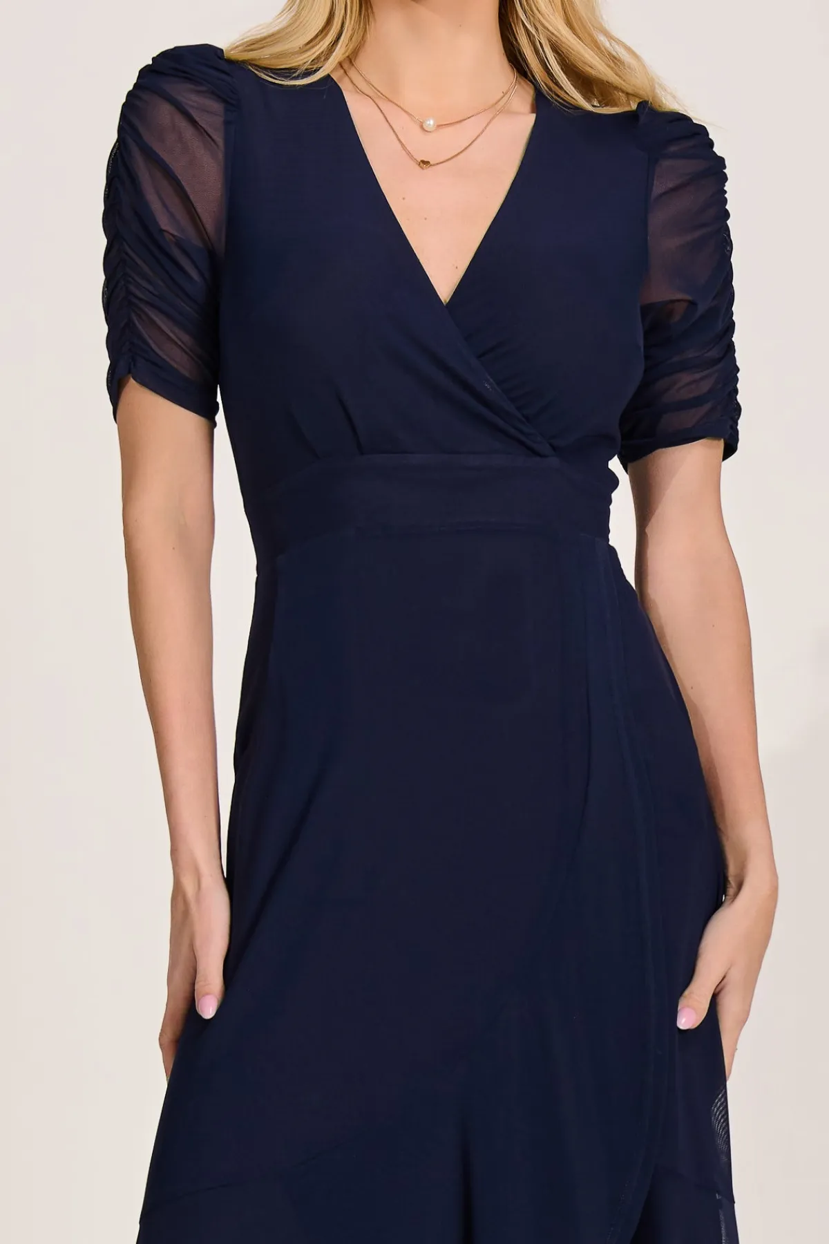 Jolie Moi Occasion Dresses|Mesh Dresses-Ruched Sleeve Mesh Maxi Dress, Navy