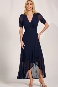 Jolie Moi Occasion Dresses|Mesh Dresses-Ruched Sleeve Mesh Maxi Dress, Navy