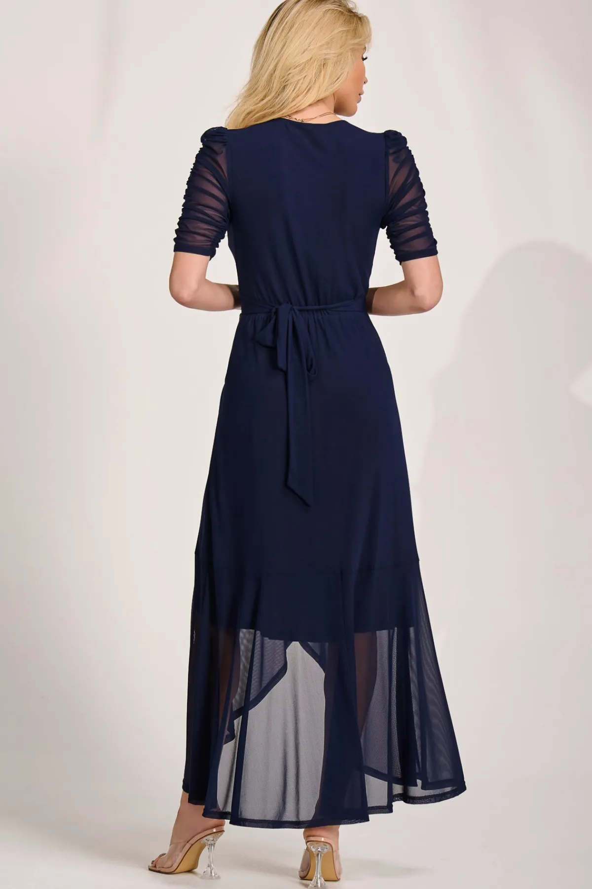 Jolie Moi Occasion Dresses|Mesh Dresses-Ruched Sleeve Mesh Maxi Dress, Navy
