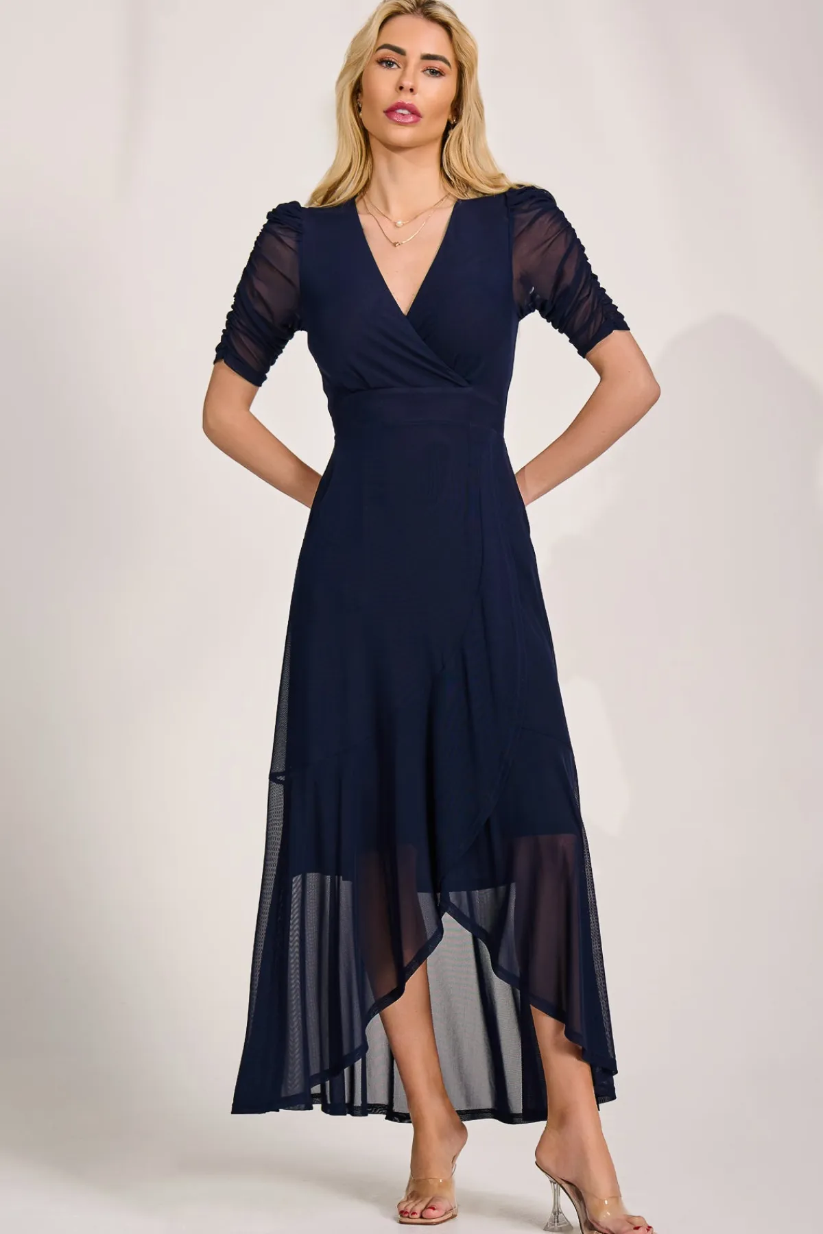 Jolie Moi Occasion Dresses|Mesh Dresses-Ruched Sleeve Mesh Maxi Dress, Navy