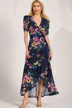 Jolie Moi Mesh Dresses|Maxi Dresses-Ruched Sleeve Mesh Maxi Dress, Navy Floral