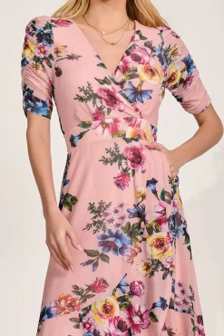 Jolie Moi Floral Dresses|Mesh Dresses-Ruched Sleeve Mesh Maxi Dress, Pink Floral