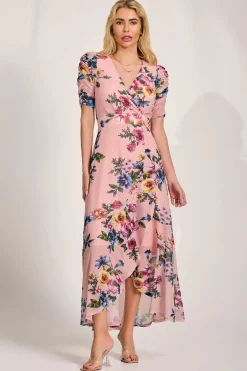Jolie Moi Floral Dresses|Mesh Dresses-Ruched Sleeve Mesh Maxi Dress, Pink Floral