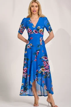 Jolie Moi Occasion Dresses|Mesh Dresses-Ruched Sleeve Mesh Maxi Dress, Royal Blue Floral