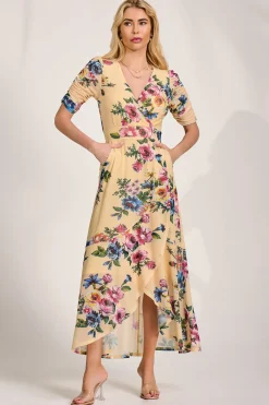 Jolie Moi Mesh Dresses|Maxi Dresses-Ruched Sleeve Mesh Maxi Dress, Yellow Floral