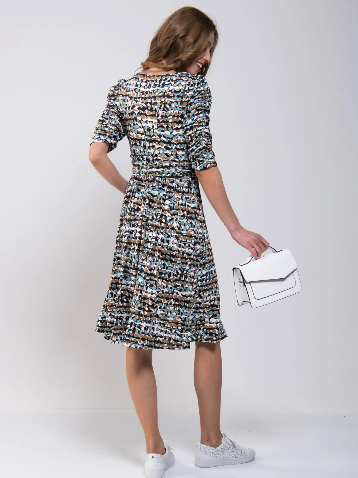 Jolie Moi Occasion Dresses|Jersey Dresses-Ruched Sleeve Print Jersey Midi Dress, Blue Abstract