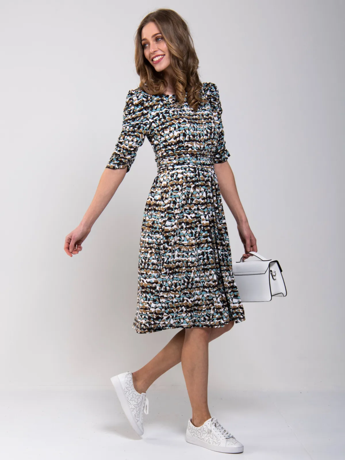 Jolie Moi Occasion Dresses|Jersey Dresses-Ruched Sleeve Print Jersey Midi Dress, Blue Abstract