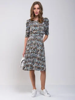 Jolie Moi Occasion Dresses|Jersey Dresses-Ruched Sleeve Print Jersey Midi Dress, Blue Abstract