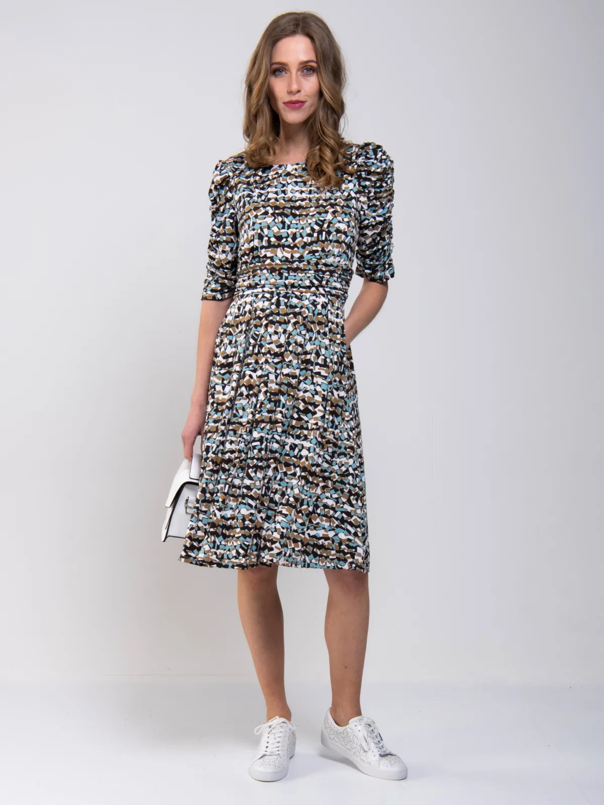 Jolie Moi Occasion Dresses|Jersey Dresses-Ruched Sleeve Print Jersey Midi Dress, Blue Abstract