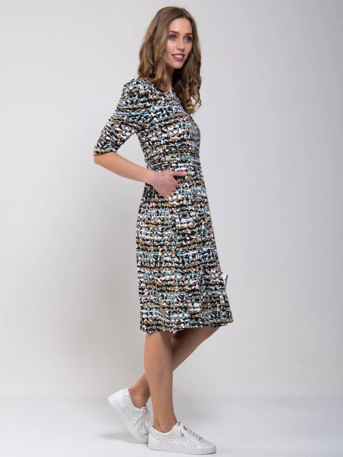 Jolie Moi Occasion Dresses|Jersey Dresses-Ruched Sleeve Print Jersey Midi Dress, Blue Abstract