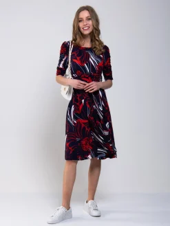 Jolie Moi Jersey Dresses|Weekend Casuals-Ruched Sleeve Print Jersey Midi Dress, Navy Abstract