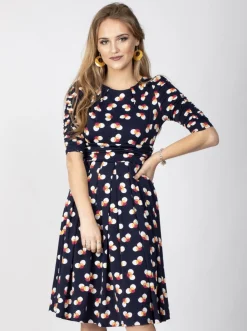 Jolie Moi Occasion Dresses|Jersey Dresses-Ruched Sleeve Print Jersey Midi Dress, Navy Spot