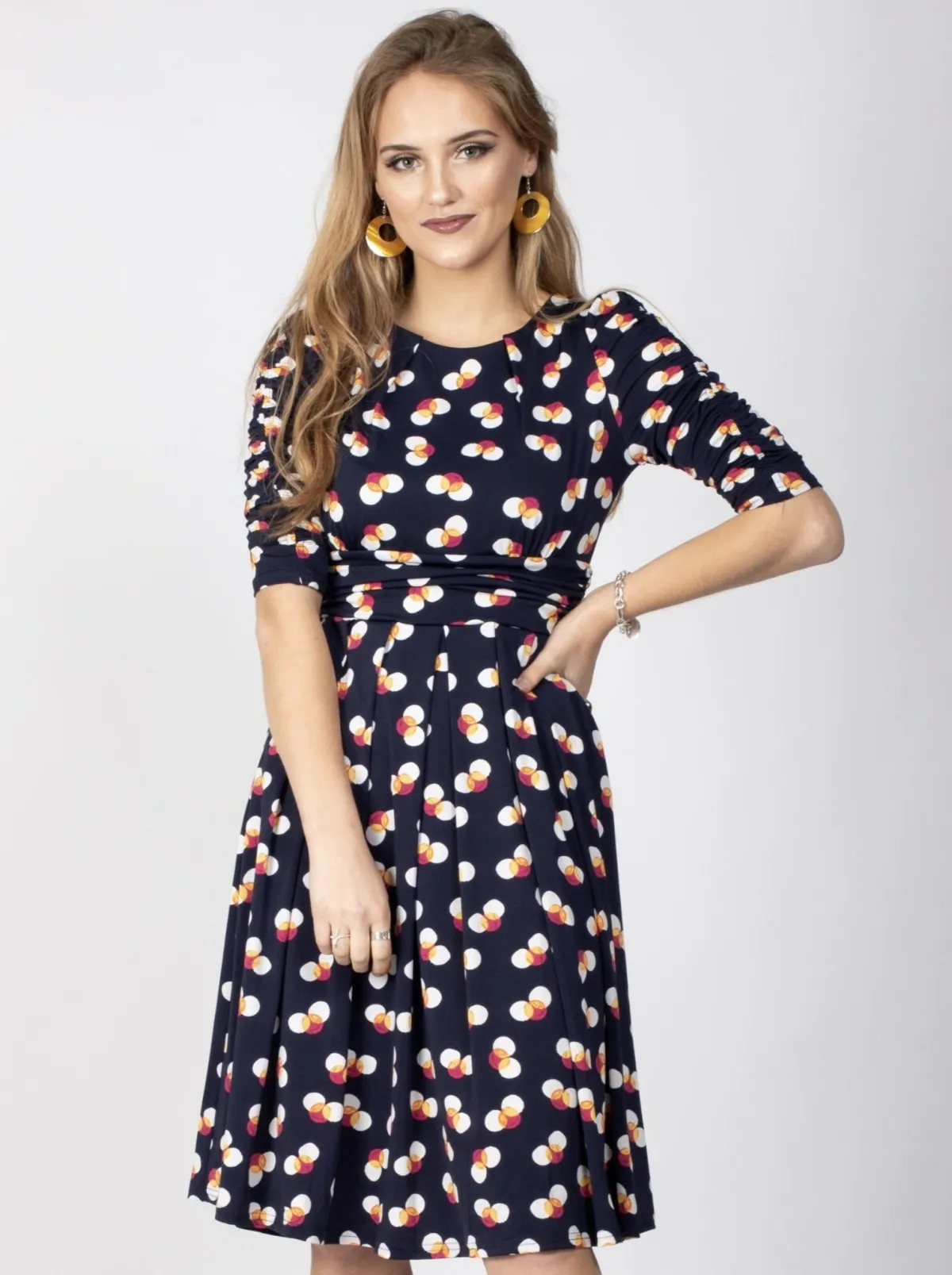 Jolie Moi Occasion Dresses|Jersey Dresses-Ruched Sleeve Print Jersey Midi Dress, Navy Spot