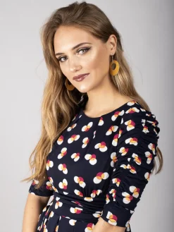 Jolie Moi Occasion Dresses|Jersey Dresses-Ruched Sleeve Print Jersey Midi Dress, Navy Spot