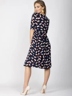 Jolie Moi Occasion Dresses|Jersey Dresses-Ruched Sleeve Print Jersey Midi Dress, Navy Spot