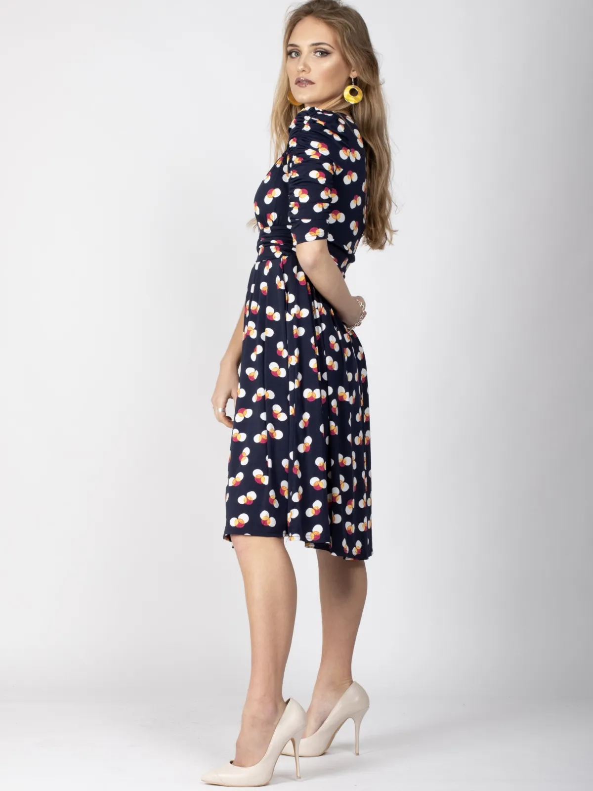 Jolie Moi Occasion Dresses|Jersey Dresses-Ruched Sleeve Print Jersey Midi Dress, Navy Spot