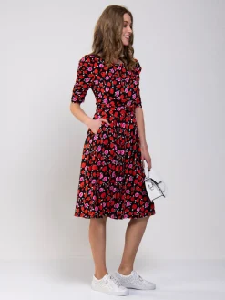 Jolie Moi Floral Dresses|Jersey Dresses-Ruched Sleeve Print Jersey Midi Dress, Red Floral