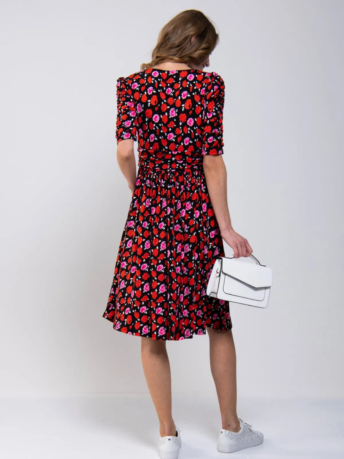 Jolie Moi Floral Dresses|Jersey Dresses-Ruched Sleeve Print Jersey Midi Dress, Red Floral