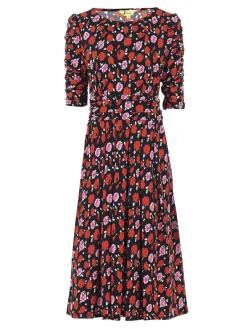 Jolie Moi Floral Dresses|Jersey Dresses-Ruched Sleeve Print Jersey Midi Dress, Red Floral