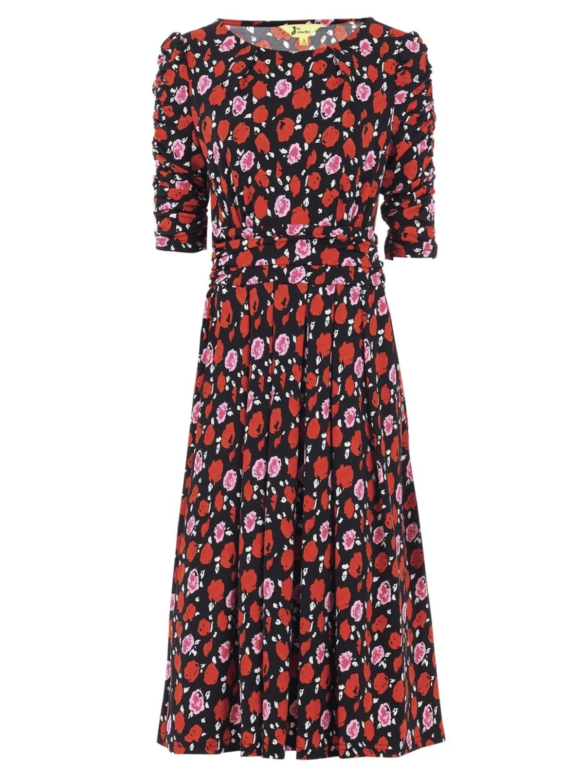 Jolie Moi Floral Dresses|Jersey Dresses-Ruched Sleeve Print Jersey Midi Dress, Red Floral