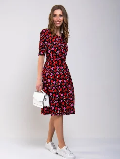 Jolie Moi Floral Dresses|Jersey Dresses-Ruched Sleeve Print Jersey Midi Dress, Red Floral