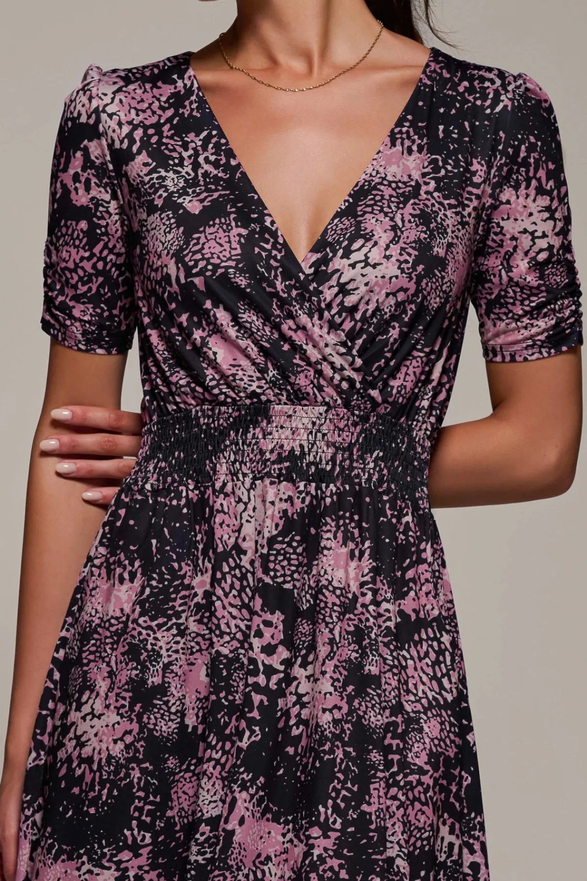 Jolie Moi Occasion Dresses|Jersey Dresses-Ruched Waist Drawstring Sleeve Midi Dres, Black/Pink