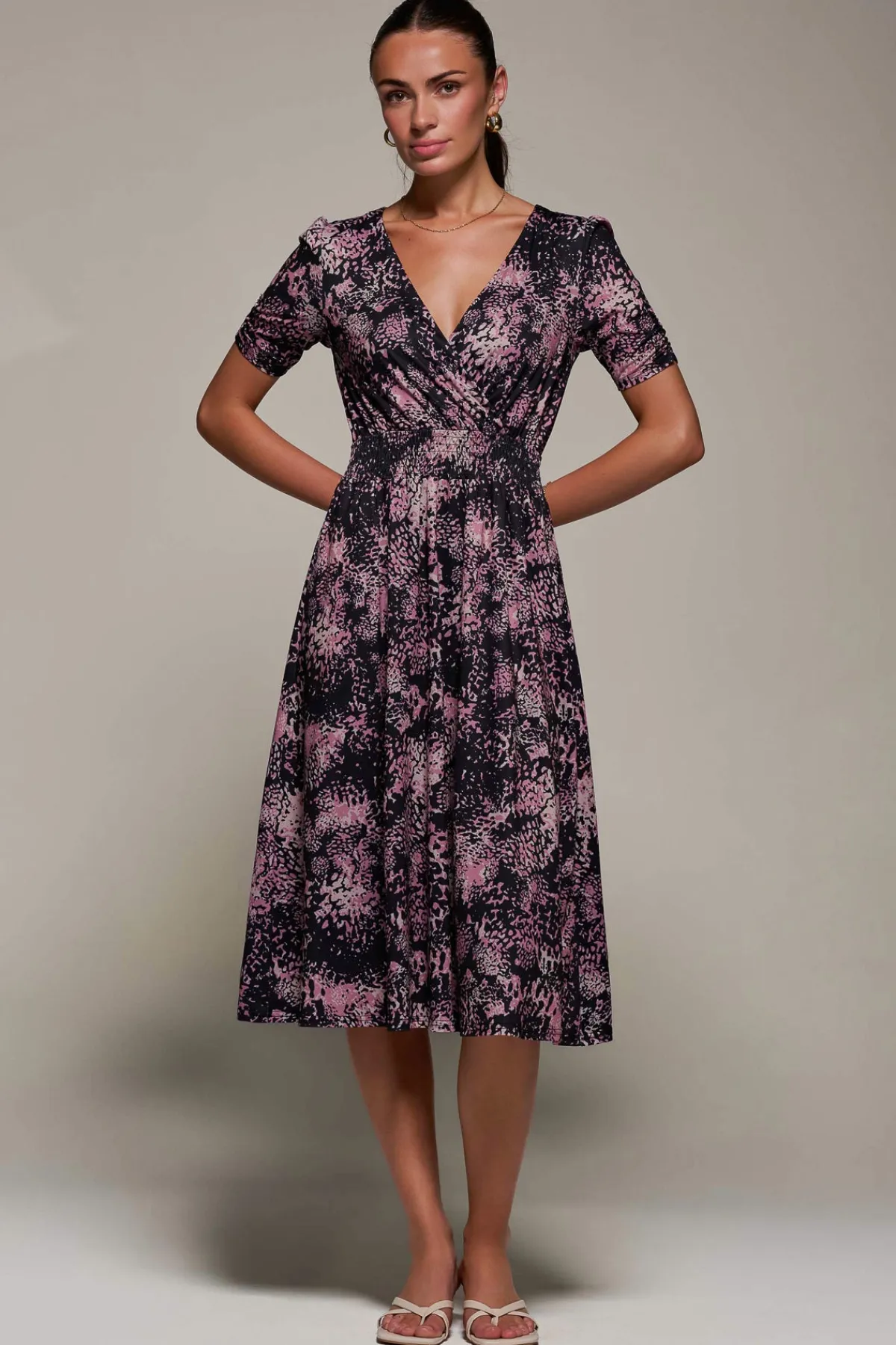 Jolie Moi Occasion Dresses|Jersey Dresses-Ruched Waist Drawstring Sleeve Midi Dres, Black/Pink