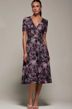 Jolie Moi Occasion Dresses|Jersey Dresses-Ruched Waist Drawstring Sleeve Midi Dres, Black/Pink