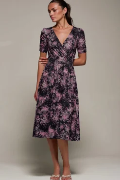 Jolie Moi Occasion Dresses|Jersey Dresses-Ruched Waist Drawstring Sleeve Midi Dres, Black/Pink