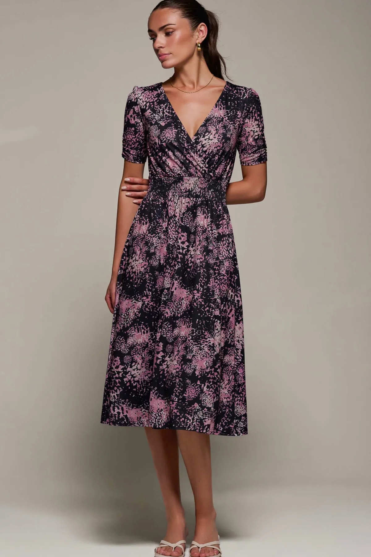 Jolie Moi Occasion Dresses|Jersey Dresses-Ruched Waist Drawstring Sleeve Midi Dres, Black/Pink