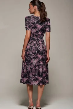 Jolie Moi Occasion Dresses|Jersey Dresses-Ruched Waist Drawstring Sleeve Midi Dres, Black/Pink