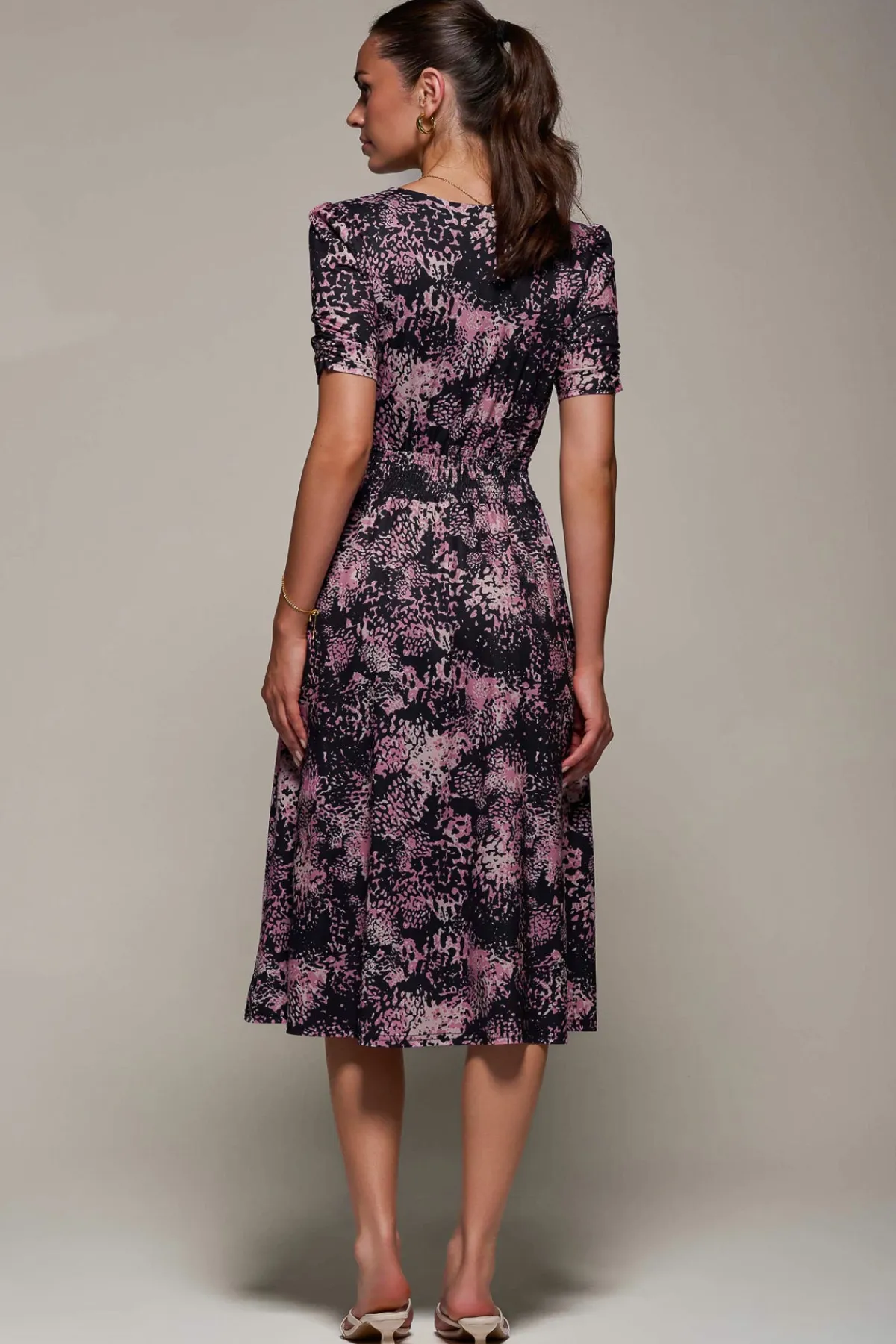 Jolie Moi Occasion Dresses|Jersey Dresses-Ruched Waist Drawstring Sleeve Midi Dres, Black/Pink