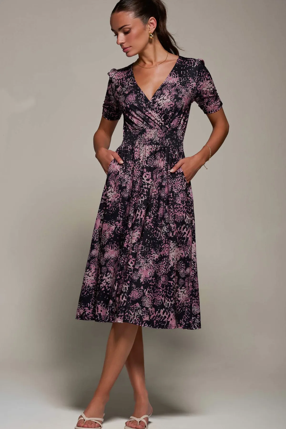 Jolie Moi Occasion Dresses|Jersey Dresses-Ruched Waist Drawstring Sleeve Midi Dres, Black/Pink