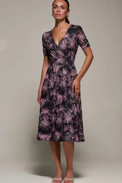 Jolie Moi Occasion Dresses|Jersey Dresses-Ruched Waist Drawstring Sleeve Midi Dres, Black/Pink