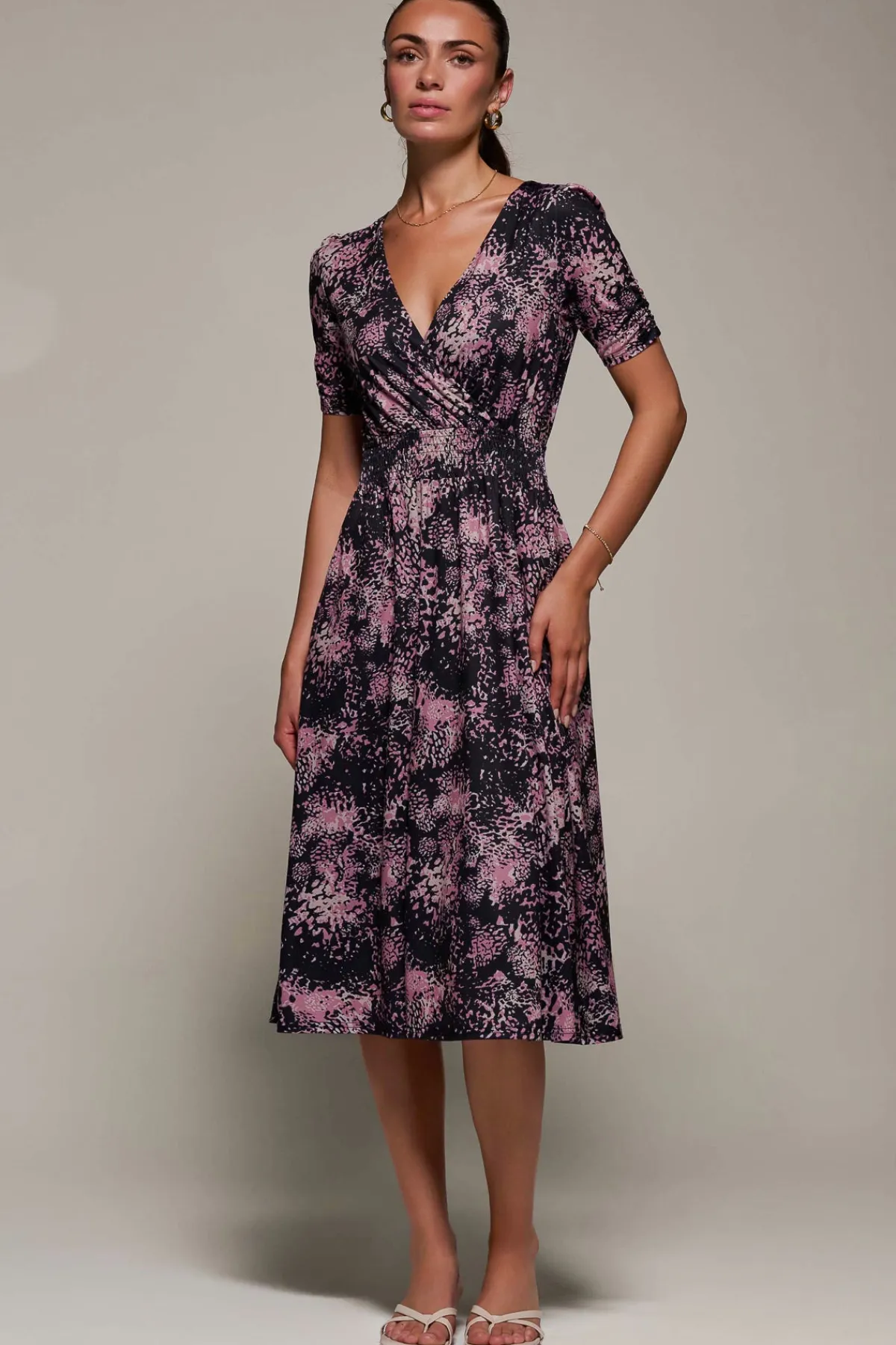 Jolie Moi Occasion Dresses|Jersey Dresses-Ruched Waist Drawstring Sleeve Midi Dres, Black/Pink