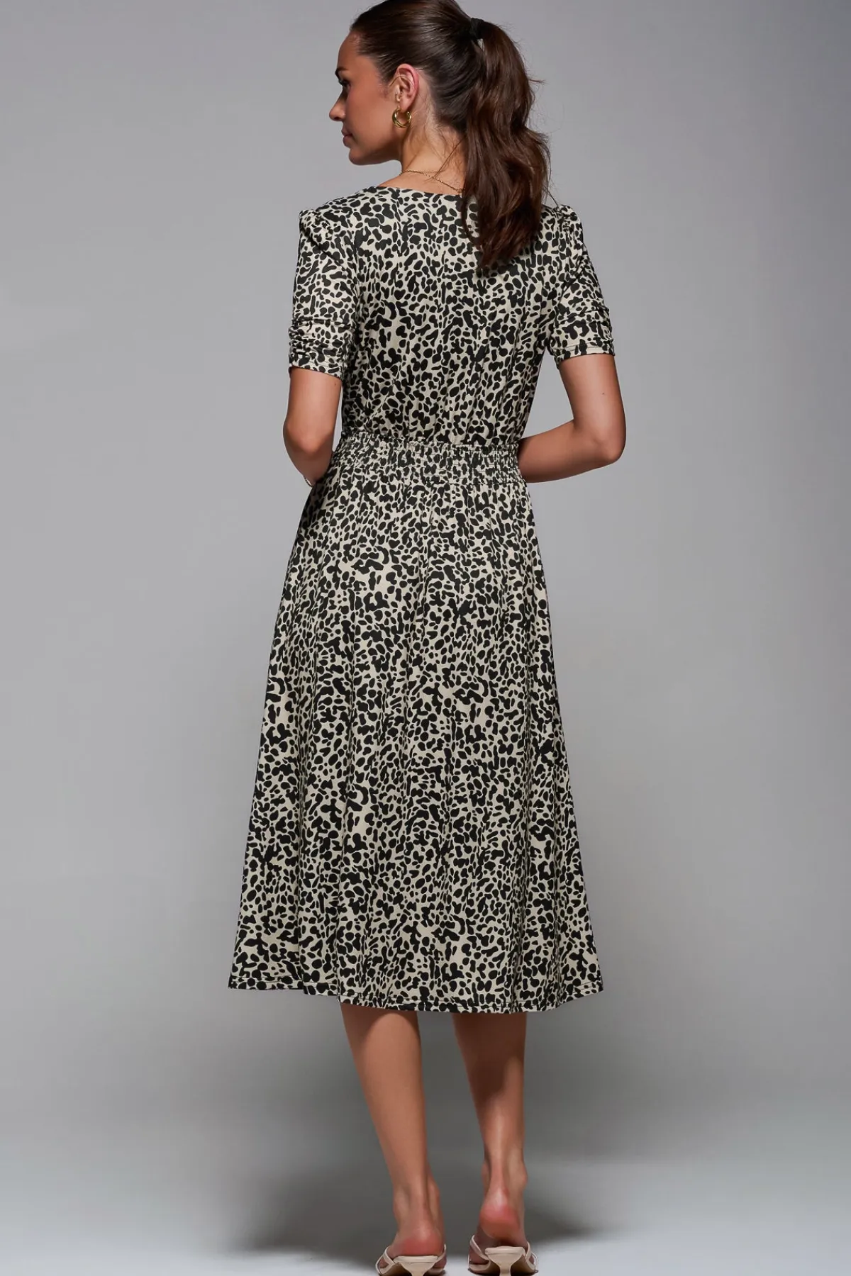 Jolie Moi Occasion Dresses|Weekend Casuals-Ruched Waist Drawstring Sleeve Midi Dres, Brown Leopard