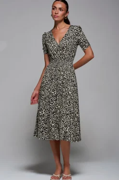 Jolie Moi Occasion Dresses|Weekend Casuals-Ruched Waist Drawstring Sleeve Midi Dres, Brown Leopard