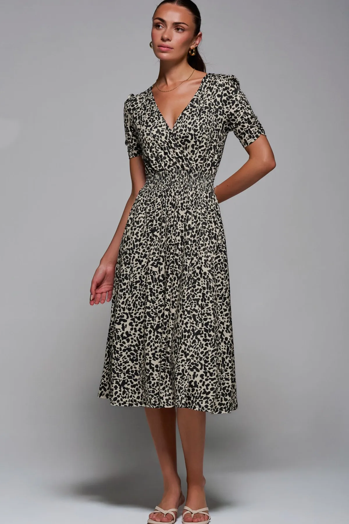 Jolie Moi Occasion Dresses|Weekend Casuals-Ruched Waist Drawstring Sleeve Midi Dres, Brown Leopard