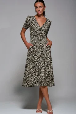 Jolie Moi Occasion Dresses|Weekend Casuals-Ruched Waist Drawstring Sleeve Midi Dres, Brown Leopard