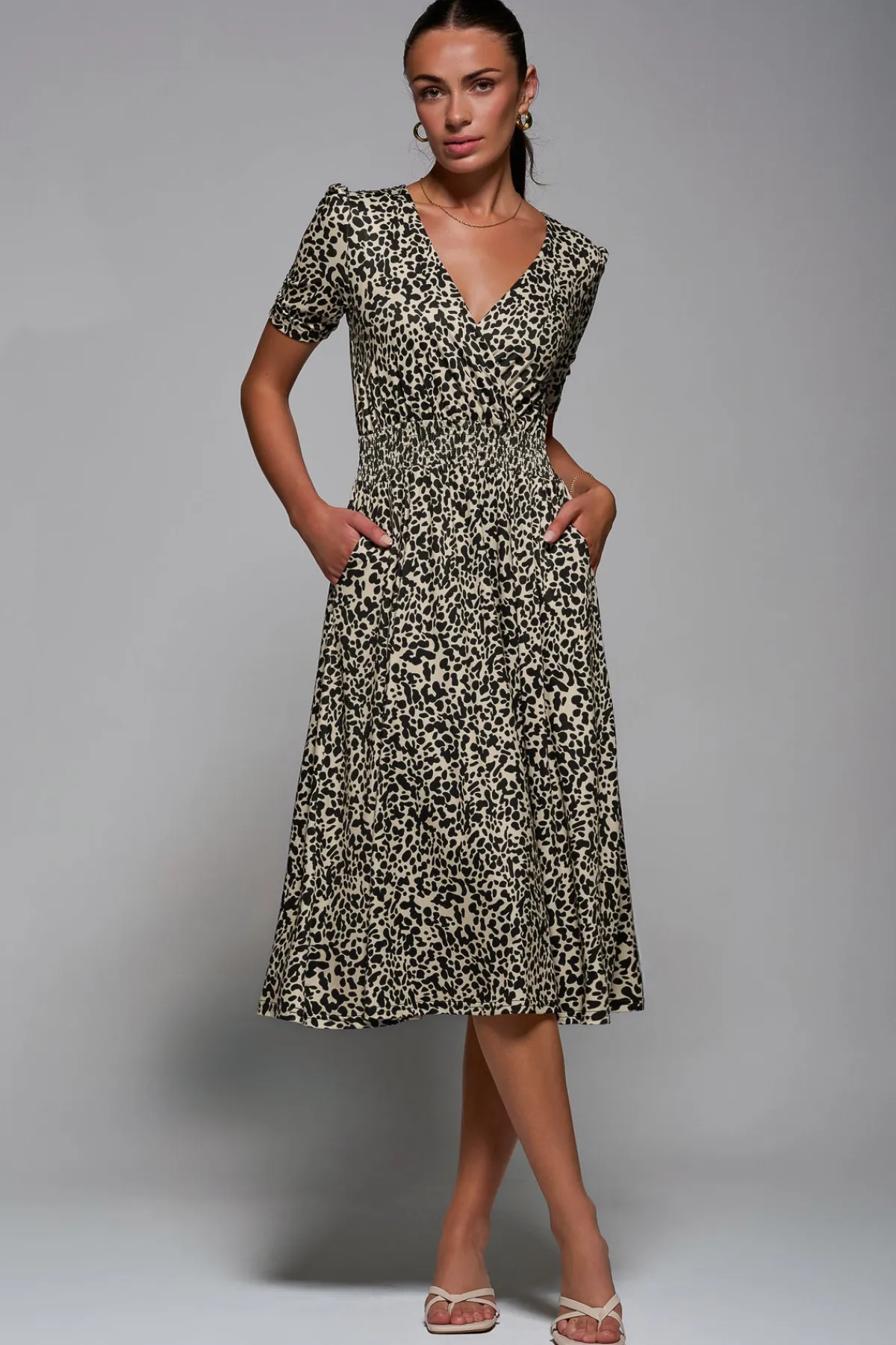 Jolie Moi Occasion Dresses|Weekend Casuals-Ruched Waist Drawstring Sleeve Midi Dres, Brown Leopard