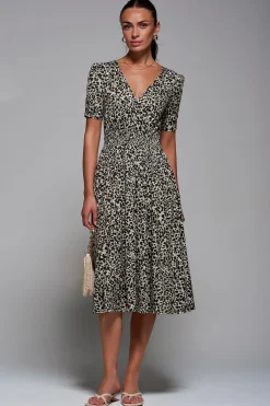 Jolie Moi Occasion Dresses|Weekend Casuals-Ruched Waist Drawstring Sleeve Midi Dres, Brown Leopard