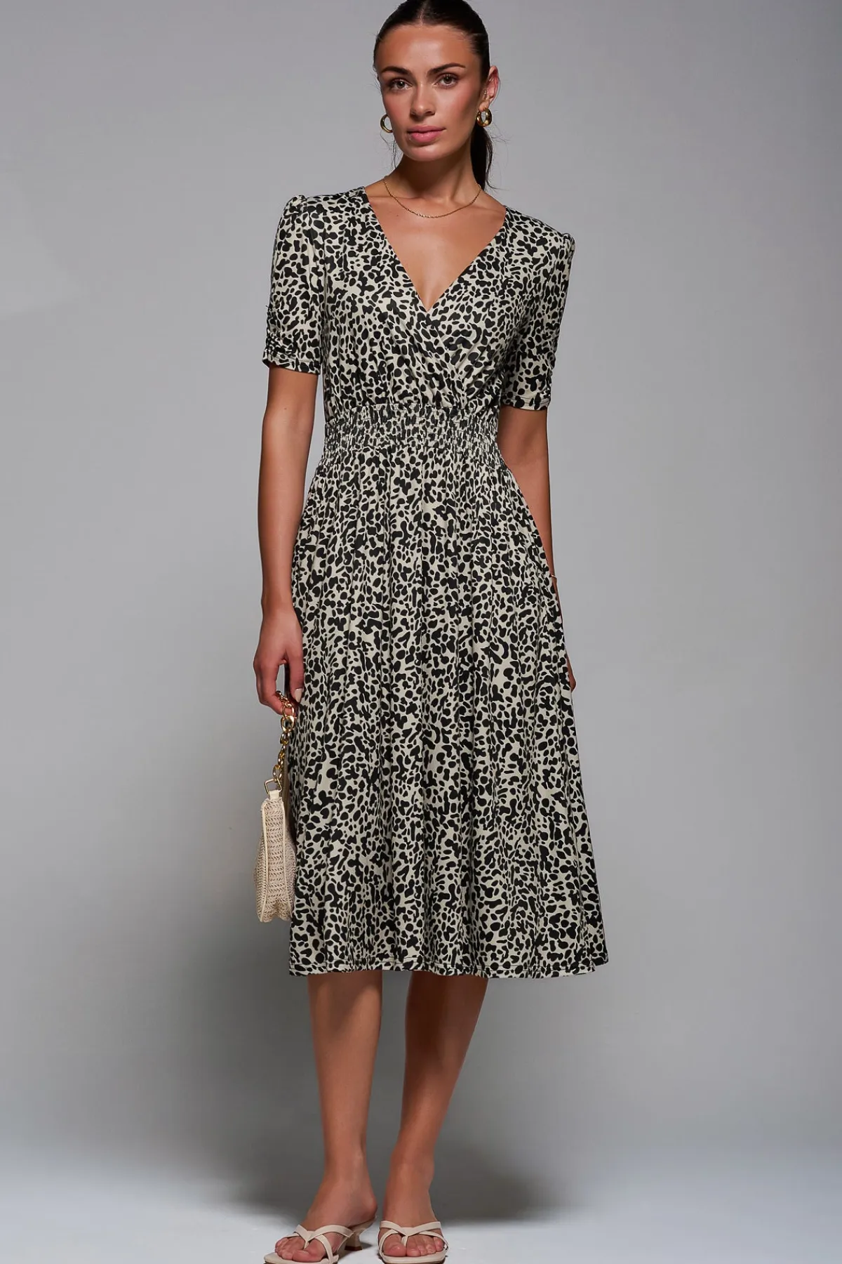 Jolie Moi Occasion Dresses|Weekend Casuals-Ruched Waist Drawstring Sleeve Midi Dres, Brown Leopard