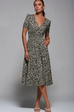 Jolie Moi Occasion Dresses|Weekend Casuals-Ruched Waist Drawstring Sleeve Midi Dres, Brown Leopard