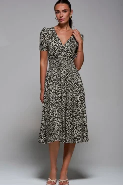 Jolie Moi Occasion Dresses|Weekend Casuals-Ruched Waist Drawstring Sleeve Midi Dres, Brown Leopard